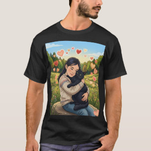 Mädchen umarmt schwarze Katze Wildblumenfeld-Ill T-Shirt
