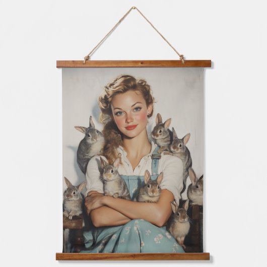 Mädchen umgeben von Bunnies Wandteppich Mit Holzrahmen (Vorderseite)