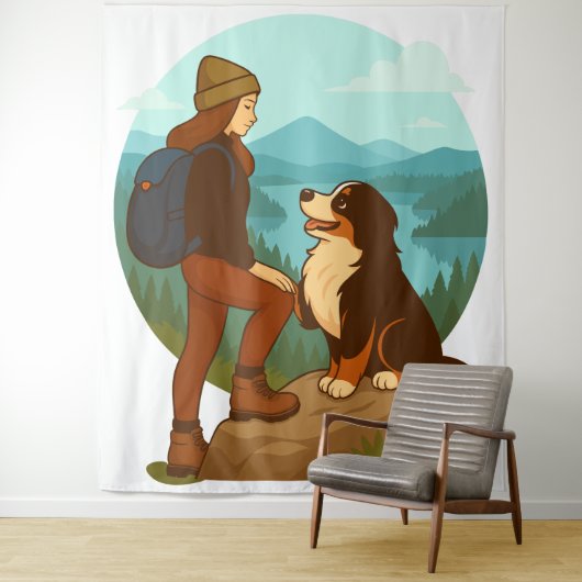 Mädchen-und-Berghund-Abenteuer-Illustration Wandteppich (Beispiel)