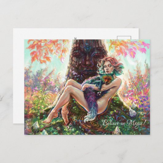 Mädchen und die magicfox Fantasy magische Wald Kun Postkarte (Vorne/Hinten)