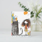 Mädchen und die Riesenkatze in der Stadt Postkarte (Stehend Vorderseite)
