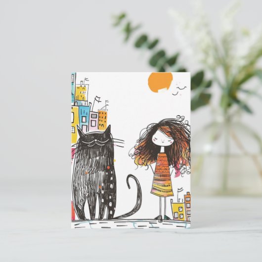 Mädchen und die Riesenkatze in der Stadt Postkarte (Stehend Vorderseite)