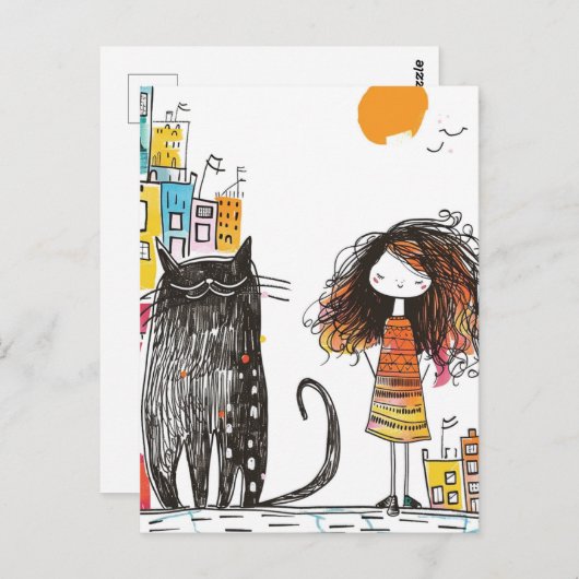 Mädchen und die Riesenkatze in der Stadt Postkarte (Vorne/Hinten)