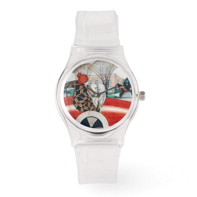 Mädchen und ein Mops Hund in einem roten Auto Armbanduhr (Vorderseite)