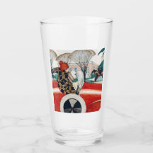 Mädchen und ein Mops Hund in einem roten Auto