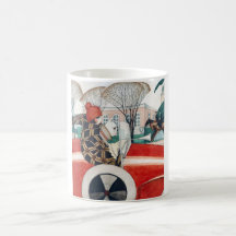 Mädchen und ein Mops Hund in einem roten Auto