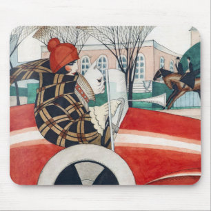 Mädchen und ein Mops Hund in einem roten Auto Mousepad