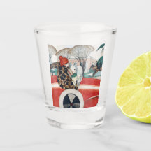 Mädchen und ein Mops Hund in einem roten Auto