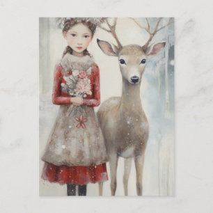Mädchen und ein Reh Mixed Media Postkarte