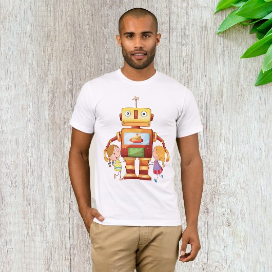 Mädchen und ein Roboter, der Mens-T - Shirt umarmt