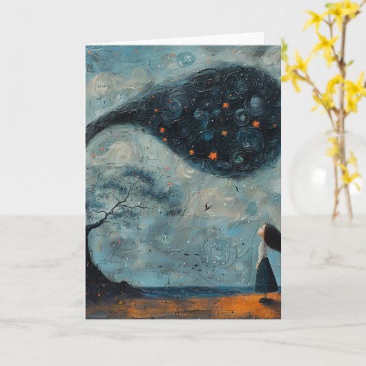 Mädchen und ein Surreal Blue Fantasy Tree Windblow Karte (Gelbe Blume)