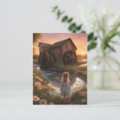 Mädchen und eine Mühle bei Sonnenuntergang Postkarte (Stehend Vorderseite)