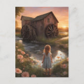 Mädchen und eine Mühle bei Sonnenuntergang Postkarte (Vorderseite)