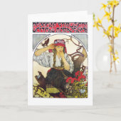 Mädchen und Geranium, Mucha Karte (Gelbe Blume)