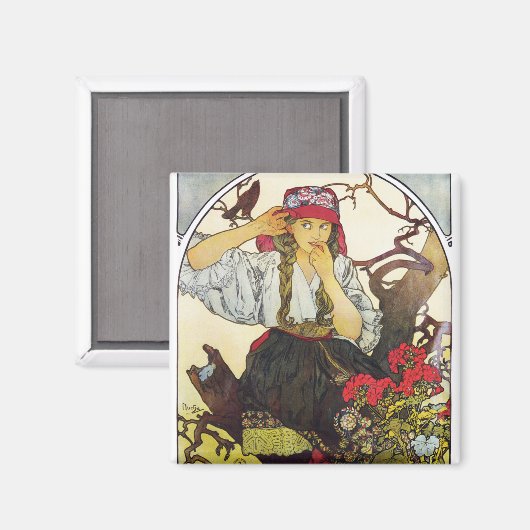 Mädchen und Geranium, Mucha Magnet (Vorderseite/Rückseite)