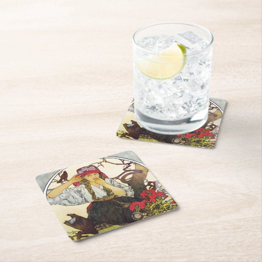 Mädchen und Geranium, Mucha Rechteckiger Pappuntersetzer (Vor Ort)