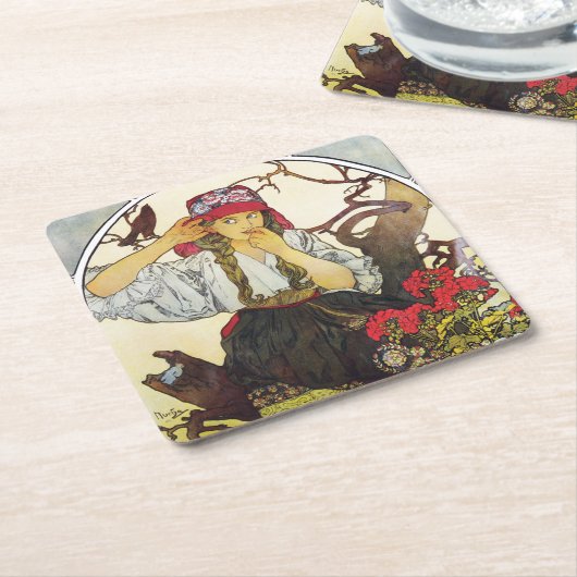 Mädchen und Geranium, Mucha Rechteckiger Pappuntersetzer (angewinkelt)