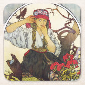 Mädchen und Geranium, Mucha Rechteckiger Pappuntersetzer (Vorderseite)