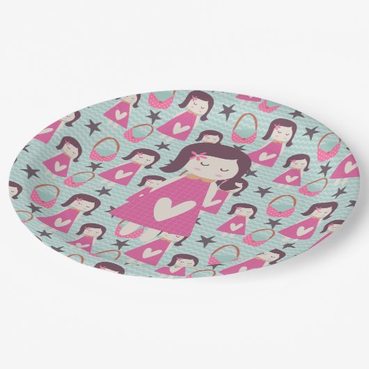 Mädchen und Handtaschen Pappteller (Schrägansicht)