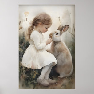 Mädchen und Hasen Bunny-Druck, Osterhasen-Dorf Poster