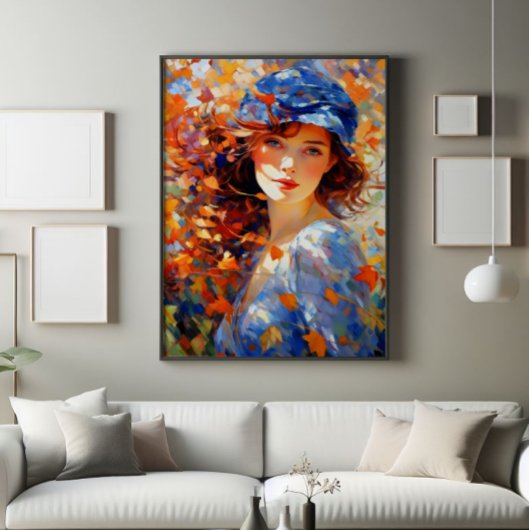 Mädchen und Herbst lassen Impressionismus Fotodruck