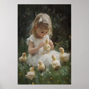 Mädchen und Hühner Druck, Vintage Cottagecore Wand Poster
