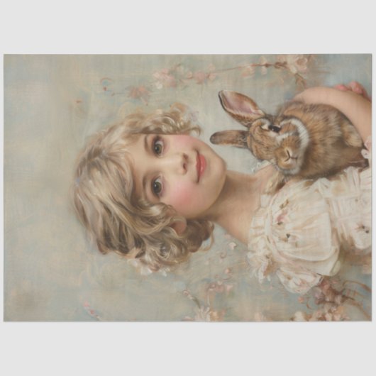 Mädchen und ihr Kaninchen Vintage Malerei Dekoupag Seidenpapier (Vorderseite)