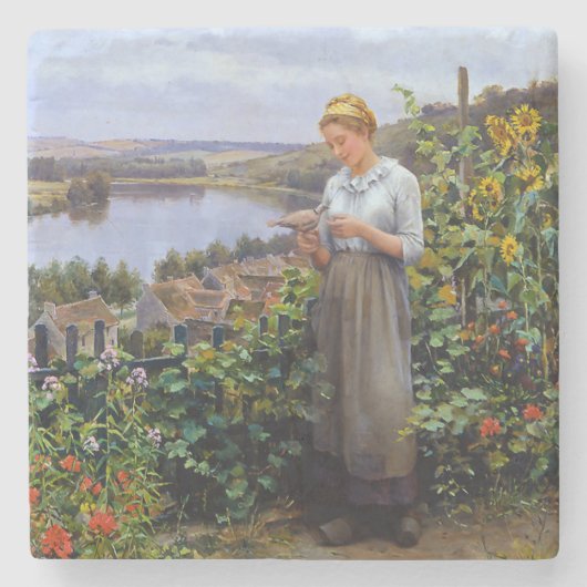 Mädchen und ihre Dove (junge Frau und Vogel) Steinuntersetzer (Vorderseite)