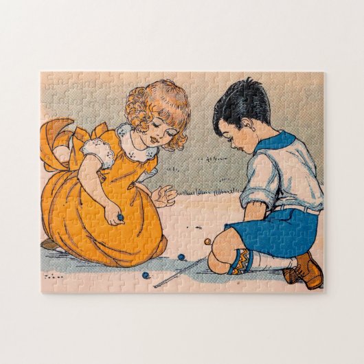 Mädchen und Junge der 1920er Jahre spielen Marmor Puzzle (Horizontal)