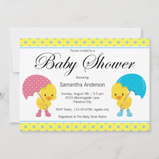 Mädchen und Junge Ducky mit Umbrella Baby Dusche Einladung (Vorderseite)