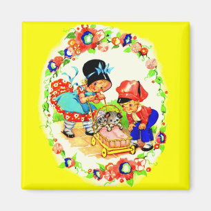 Mädchen und Junge und Kätzchen und Welpen Magnet
