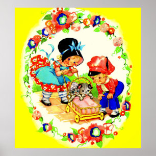 Mädchen und Junge und Kätzchen und Welpen Poster