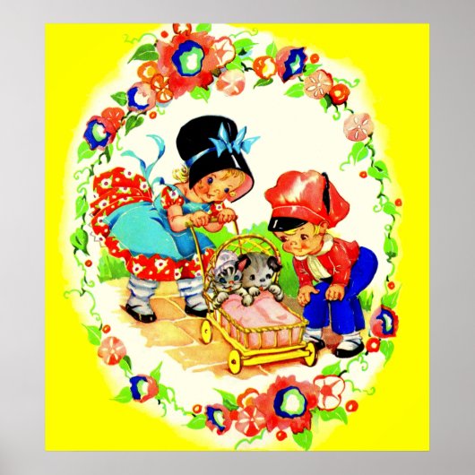Mädchen und Junge und Kätzchen und Welpen Poster (Vorne)