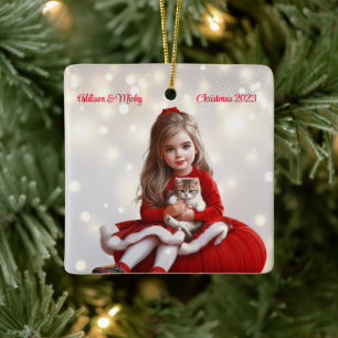 Mädchen und Kätzchen personalisiertes Weihnachten Keramikornament