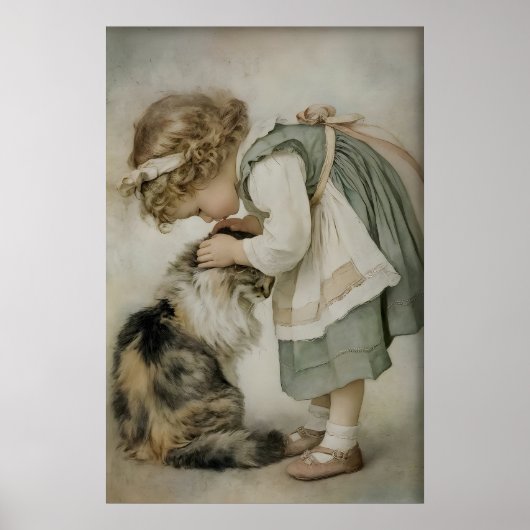 Mädchen und Katze Antik-Druck, rustikales Salbeigr Poster (Vorne)