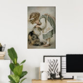 Mädchen und Katze Antik-Druck, rustikales Salbeigr Poster (Heimbüro)