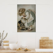 Mädchen und Katze Antik-Druck, rustikales Salbeigr Poster (Küche)