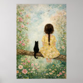 Mädchen und Katze im Frühlingsgarten Poster (Vorne)