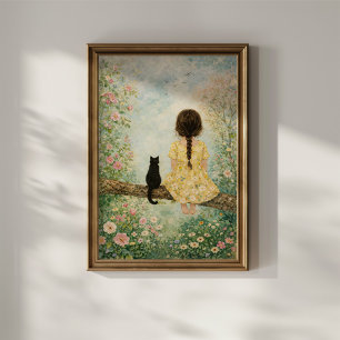 Mädchen und Katze im Frühlingsgarten Poster