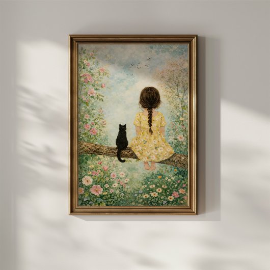 Mädchen und Katze im Frühlingsgarten Poster