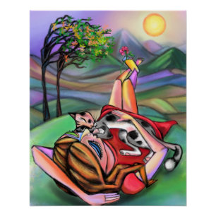 Mädchen und Katze in der Natur Poster Malerei