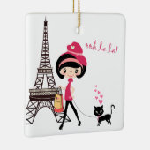 Mädchen und Katze in Paris - Eiffelturm Weihnachte Keramikornament (Rechts)