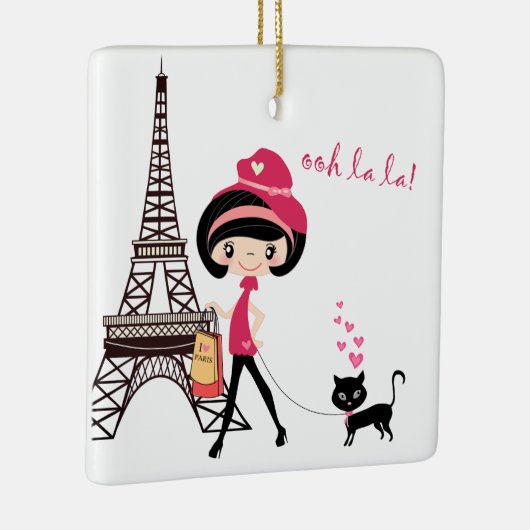 Mädchen und Katze in Paris - Eiffelturm Weihnachte Keramikornament (Rechts)