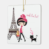 Mädchen und Katze in Paris - Eiffelturm Weihnachte Keramikornament (Links)