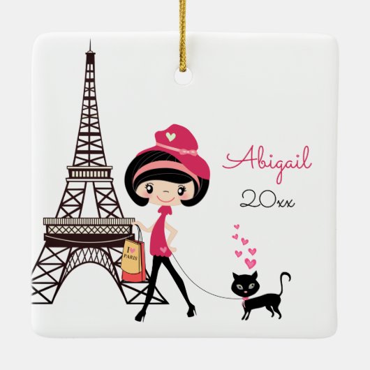 Mädchen und Katze in Paris - Eiffelturm Weihnachte Keramikornament (Rückseite)