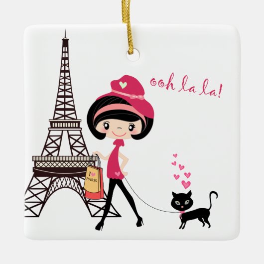 Mädchen und Katze in Paris - Eiffelturm Weihnachte Keramikornament (Vorderseite)
