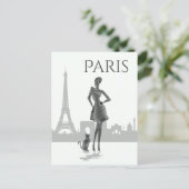 Mädchen und Katze in Paris mit Eiffelturm grau Postkarte (Stehend Vorderseite)