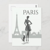 Mädchen und Katze in Paris mit Eiffelturm grau Postkarte (Vorne/Hinten)