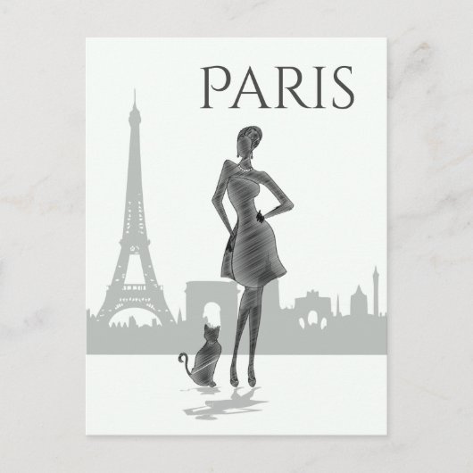 Mädchen und Katze in Paris mit Eiffelturm grau Postkarte (Vorderseite)