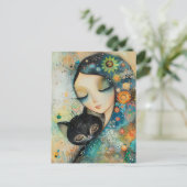 MÄDCHEN UND KATZE KUNST-PUZZLE POSTKARTE (Stehend Vorderseite)